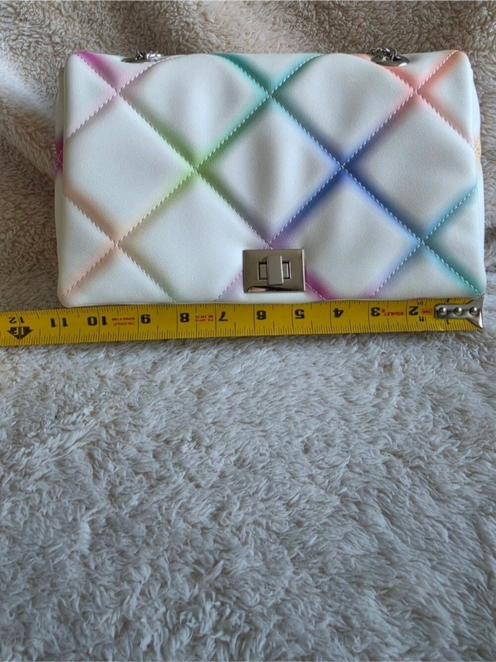 Multicolor Quilted Crossbody Bag White Pastel Rainbow Flap Bag Faux Leather - Picture 13 of 15
